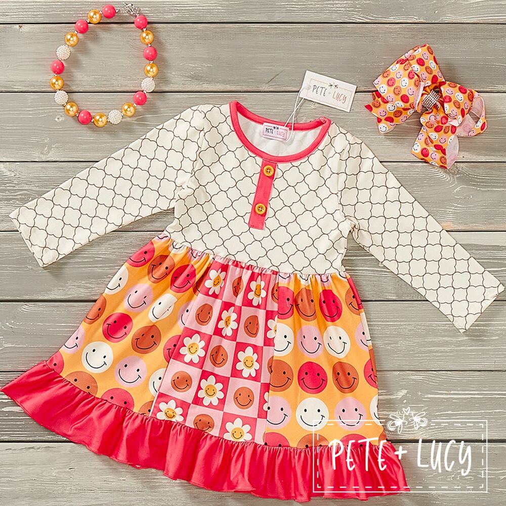 Smiley Face 3T Long Sleeve Ruffle Dress by Pete + Lucy NEW